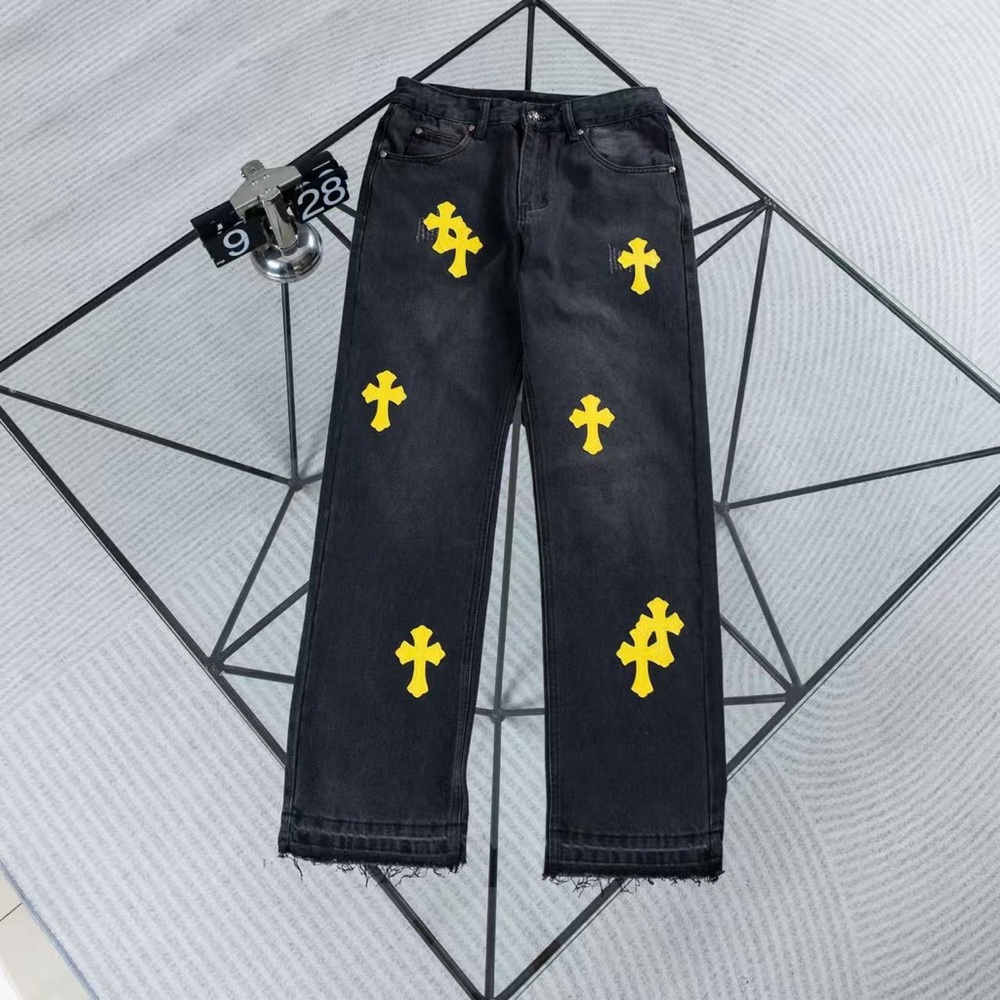 Chrome Hearts Black Denim Jeans Yellow Cross Patches Raw Hem